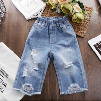 Boys jeans five-point pants summer thin 2021 boys Middle pants children loose hole Capri pants shorts