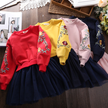 Girls New Year dress foreign style stitching embroidered gauze dress children 2021 new spring and autumn A red skirt