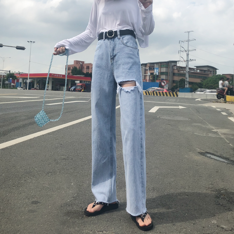 2020 spring first love pants high waist Hyuna with the same hole straight tube wide leg jeans women's summer loose mopping trousers