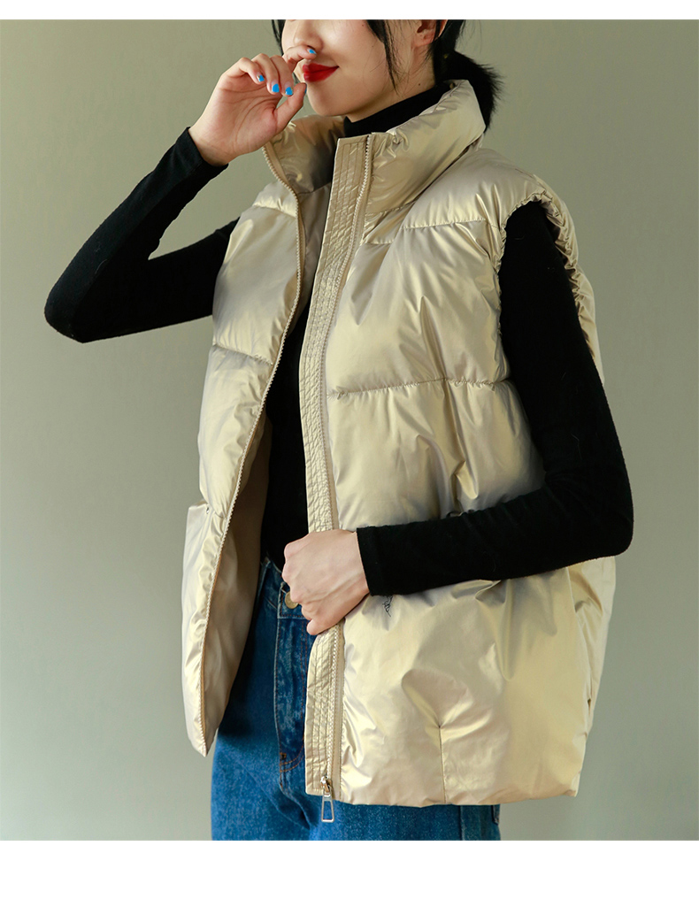 实拍秋冬新款亮面无帽印字母马甲背心外套宽松棉服女短款棉袄马夹