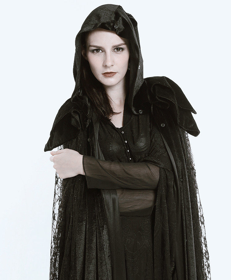 蒸汽朋克哥特暗黑神秘祭祀蕾丝长款斗篷女披风外套连帽万圣节服饰