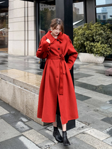 2021 autumn and winter new red double-sided cashmere coat womens long temperament over the knee wool woolen coat high-end