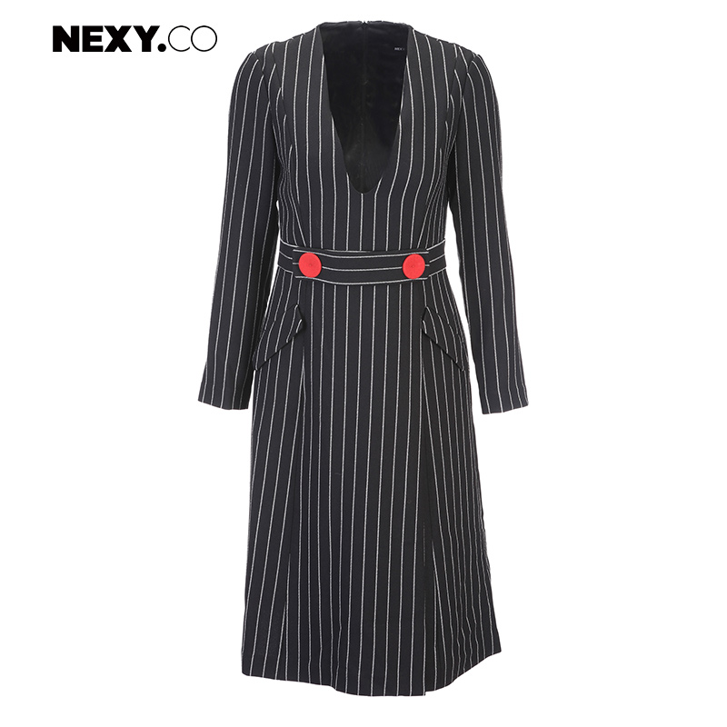 nexy.co/奈蔻秋冬女装新品高腰显瘦中长款条纹连衣裙气质ol