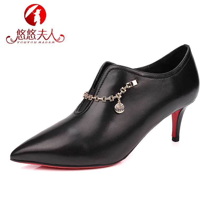 悠悠夫人2016秋季新款时尚欧美真皮高跟女单鞋细跟深口胎牛皮女鞋