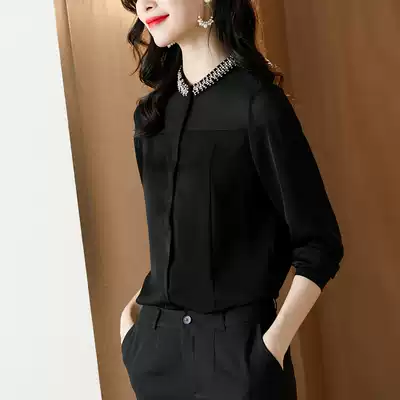 Professional black shirt women's long-sleeved new chiffon shirt fashion white-collar shirt stand-up collar beaded top Western temperament