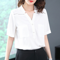 Phoenix white chiffon shirt women short sleeve 2021 summer New V collar hollow white shirt professional OL top