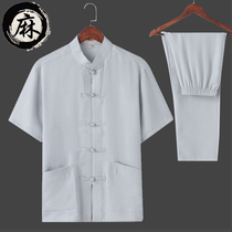 Chinese style flax Tang suit mens short sleeves middle-aged and elderly father summer suit elderly grandfather cotton linen suit