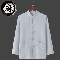 Spring and summer middle-aged Tang suit men long sleeve linen coat Chinese Chinese clothes cotton linen father morning exercise summer clothes base shirt