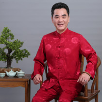 Spring and Autumn Middle-aged Tang suit mens long sleeve suit old man stand collar buckle clothes Chinese Han clothes father dress national clothes