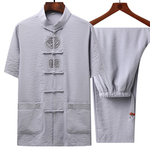 Tang suit male middle-aged and elderly father summer linen mens clothes grandfather cotton linen Chinese style short sleeve suit