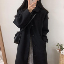 Black woolen coat womens long 2020 autumn and winter New Korean version of Heben wind woolen coat Joker thick