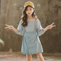 Korean girl cowboy belt suit summer suit 2021 new medium-sized children's net red ocean gas short sleeve two sets of tide