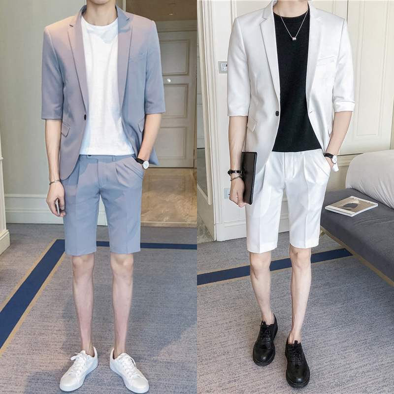 Summer mid-sleeved suit men's three-quarter sleeves small suit casual shorts trousers suit fit nightclub work clothes tide