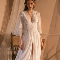 High End White Romantic Sexy Full Lace Pajamas Lady Summer Retro Palace Court Sleeping Pyjamas Dress for long dress