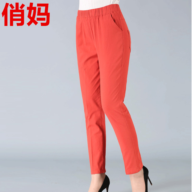 Middle-aged women's pants mom wear spring and summer high-waist pants large size loose 40-50 years old middle-aged and elderly cotton slacks