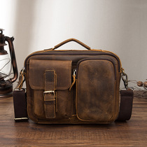 Handmade old mens bag Crazy Horse leather shoulder bag Vintage leather mens casual small satchel bag first layer cowhide handbag