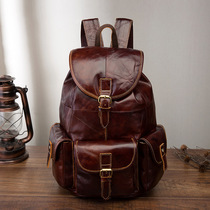 Vintage oil wax leather backpack British handmade cowhide shoulder bag Men leather shoulder bag tide women leisure travel
