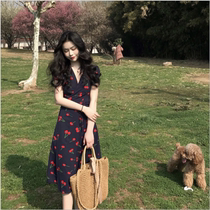 2021 new summer slim long dress seaside holiday fairy dress Cherry French retro cherries dress women