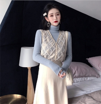 Famous Yuan Temperament Suit 2020 Autumn Winter Gentle Lace Vest High Collar Knit Cardiovert Half Body Dress Three Sets Little Scents