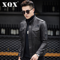 Haining leather mens leather sheepskin handsome slim stand collar new youth mens motorcycle jacket leather jacket tide