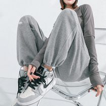 Grey sweatpants womens autumn and winter loose-fitting tunic feet high waist small men wide-leg pants American casual flannelette pants