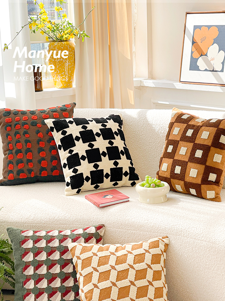 Jujia Tartan Plaid Nordic Instagram Style Pillow High-Grade Sense Sofa Cushion Bedside Pillow Cover with Core