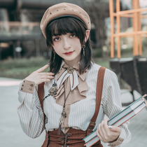 Mr. Yis steam Continental light brown coffee white striped straight rivet retro stitching bow tie long sleeve cotton shirt