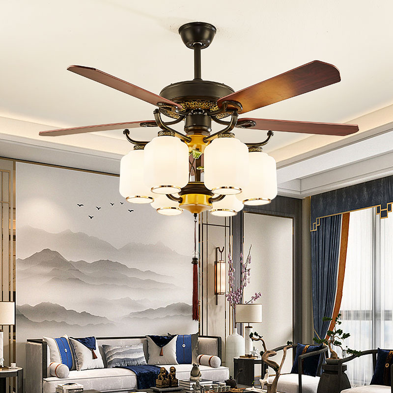 New Chinese ceiling fan light with lamp muted fan light Living room Home Cooling Kiosk Bedroom Retro Restaurant Tea Room Chandelier-Taobao