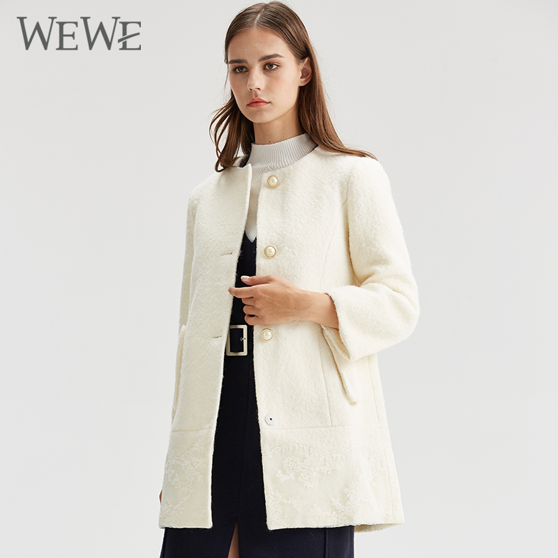 WEWE唯唯冬季新款白色毛呢双面羊绒外套显瘦韩版呢子大衣女中长款