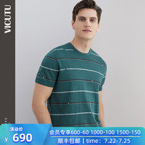 VICUTU spring and summer new short-sleeved T-shirt mens fashion contrast color cross-striped round neck mens clothing with the same paragraph in the mall