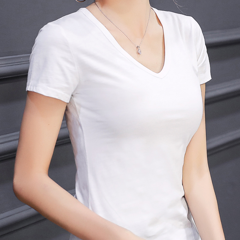 鸡心领t恤女白色立夏大领口纯棉半袖百搭竹节