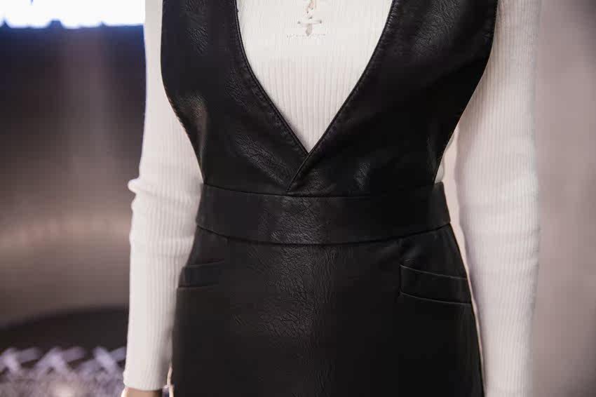 背带皮裙女2017新款秋季高腰a字裙韩版修身黑色pu皮连衣裙中长款