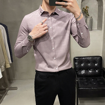 European station autumn clothing non-iron Ice Silk long sleeve shirt men Korean version of self-cultivation British solid color business leisure shirt Tide brand