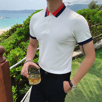 European Station Summer Mens Ice Silk Knitted Casual Short Sleeve Polo Shirt Mens British Slim Colored Lapel T-Shirt