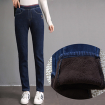 Thicken Plus Suede Middle-aged Mom High Waisted Jeans Woman Winter New Big Code Warm Elastic Expats Slim foot long pants