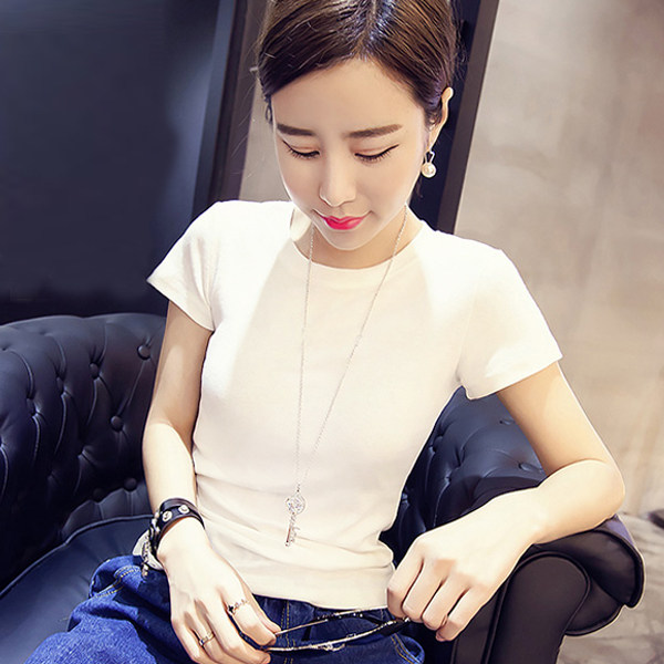 夏小圆领纯色短袖t恤女纯棉百搭修身显瘦打底衫紧身上衣学生体恤_7折