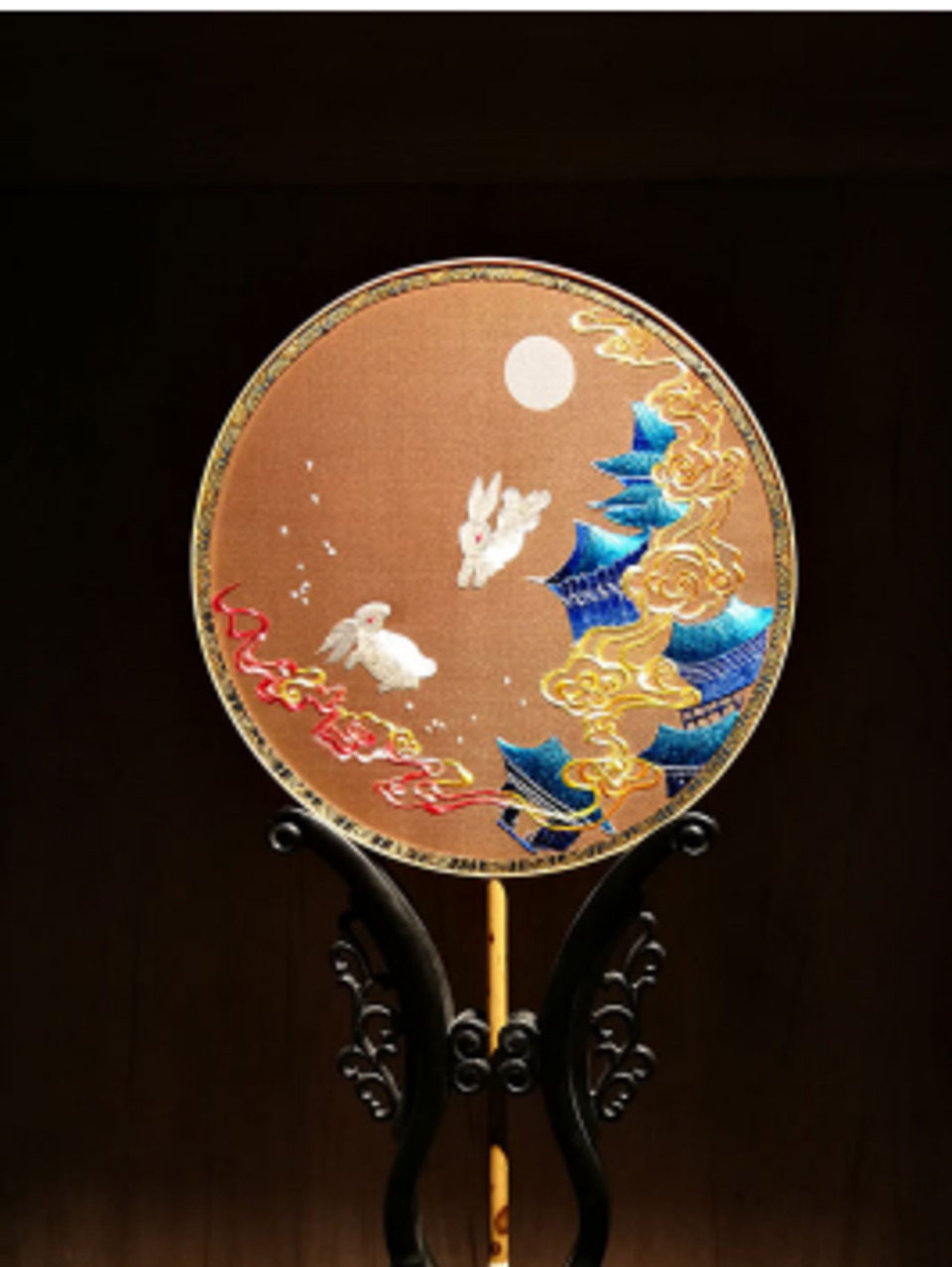 苏绣兔子手工双面绣团扇特色传统