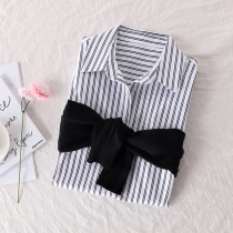 Vertical Striped Shirt Sleeves to wear in all seasons Sleeves Crash color splicing Knitted Lady Loose Long Sleeve Blouse 69878