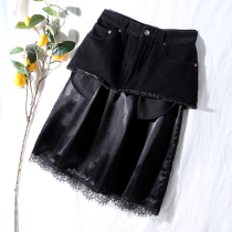 Cowboy parquet with small crowdsourced ~ eyelash lace splicing cotton female high waist straight drum in skirt half body dress 69802