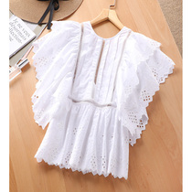 Knocks reworked laser hollowed-out embroidery back deep V open back full cotton female round collar double fly flying sleeves shirt 67639