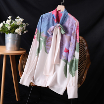 High ji retro sensation Dye Flowers Printed Full Genuine Silk Floating with female long sleeves Long-style shirt blouses 80175