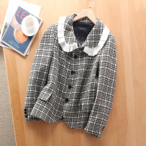 Reduced-age doll collar 550G full wool thick solid warm female black and white plaid loose suit jacket 69815