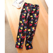 Elastic heavy Joe true silk positioning in the pan with printed solid toothpick line female high waist and small straight drum trousers 67846