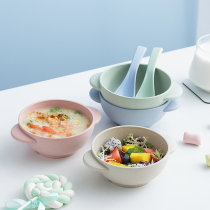 Wheat childrens tableware set cartoon with spoon binaural bowl Household baby auxiliary food round bowl Anti-fall and anti-scalding bowl