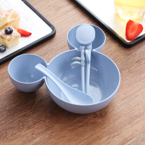 Wheat straw cartoon children practice chopsticks spoon chopsticks bowl tableware set Fall-proof cute baby food training spoon chopsticks