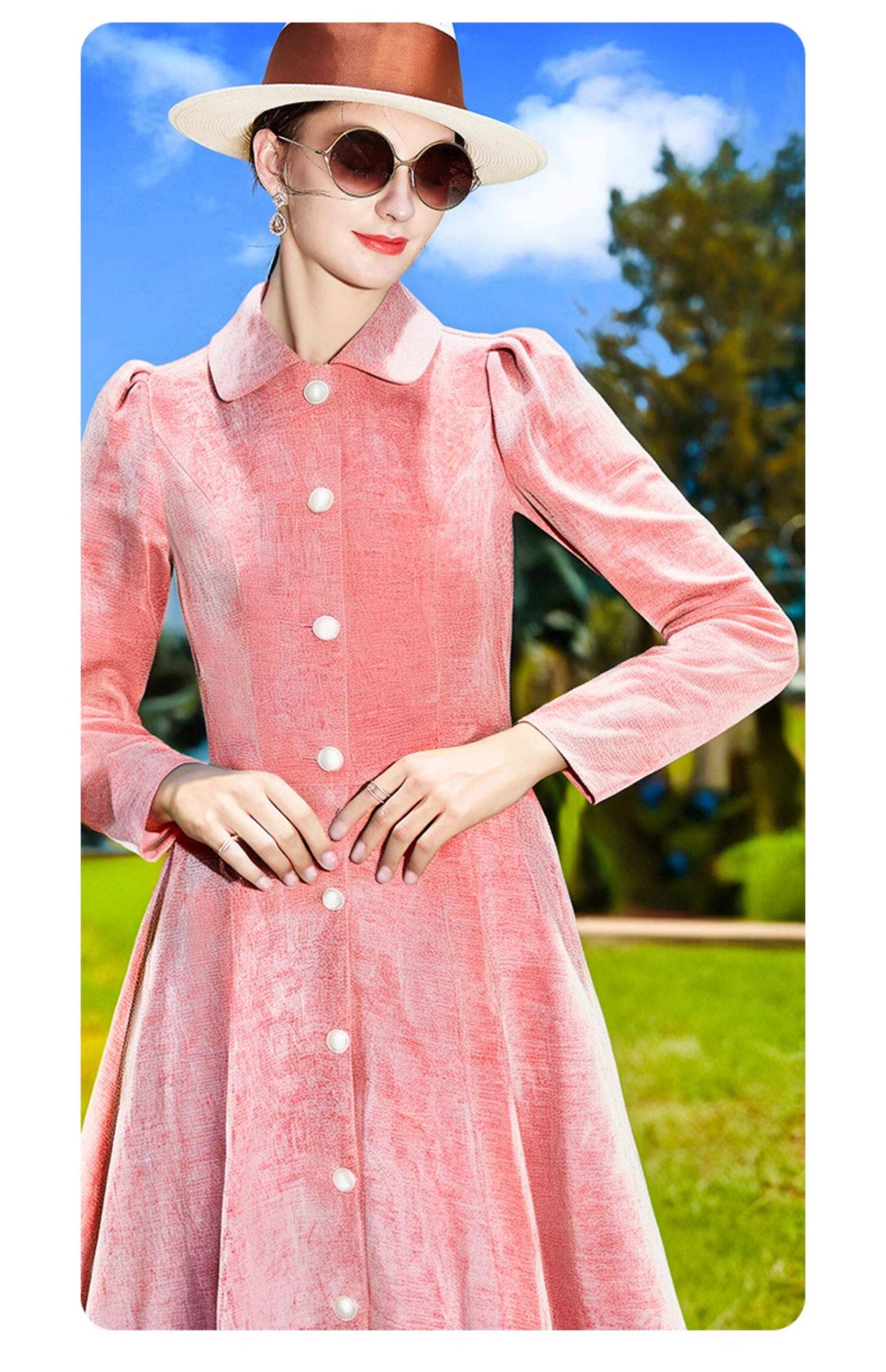 帝弗润驰春季新款粉色时尚气质丝绒连衣裙女加厚保暖修身长裙