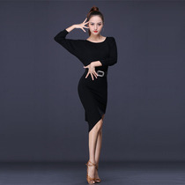 Latin Dance Suit Female Adult Modale Fabric Bat Sleeve Mesh Yarn Dew Back Round Neckline Sloped Swing Long Sleeve Spring Autumn New