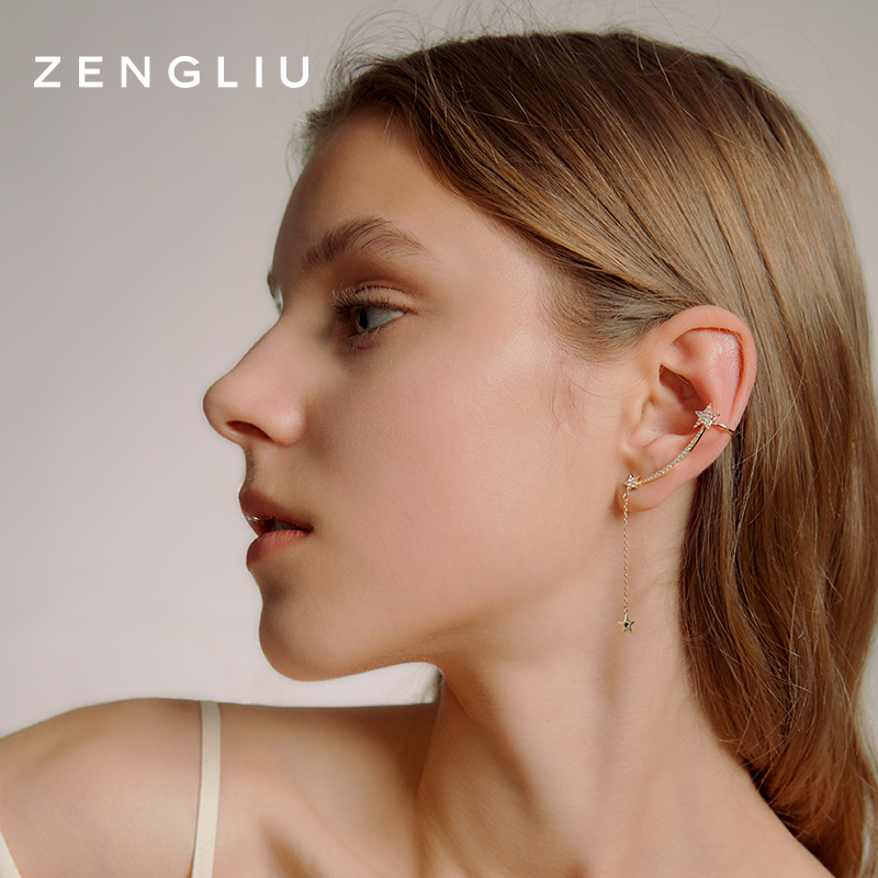 zengliu不对称星星耳钉侧耳骨夹耳廓一体耳环女气质长款耳坠耳饰
