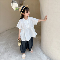 Lacquer Set Summer New Pint Girl Clothing Girl Pure Cotton Short Sleeve Shirt CUHK Child Loose Blouses Parent Korean Version of Ocean Gas