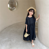 Lacquer Episode Original Summer New Products CUHK Children Cotton Linen Dress Girl Short Sleeve Day Family Long Skirt Black Thin Parent-child